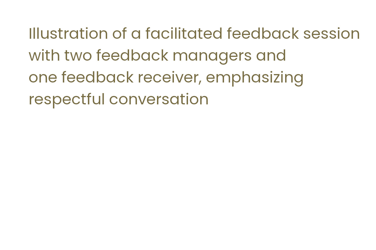 Illustration of a facilitated feedback session with two feedback managers and one feedback receiver, emphasizing respectful conversation